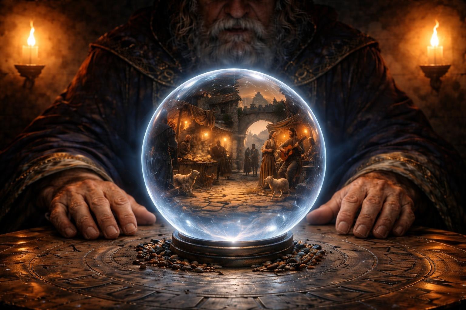A mysterious figure looking into a crystal sphere containing a medieval village